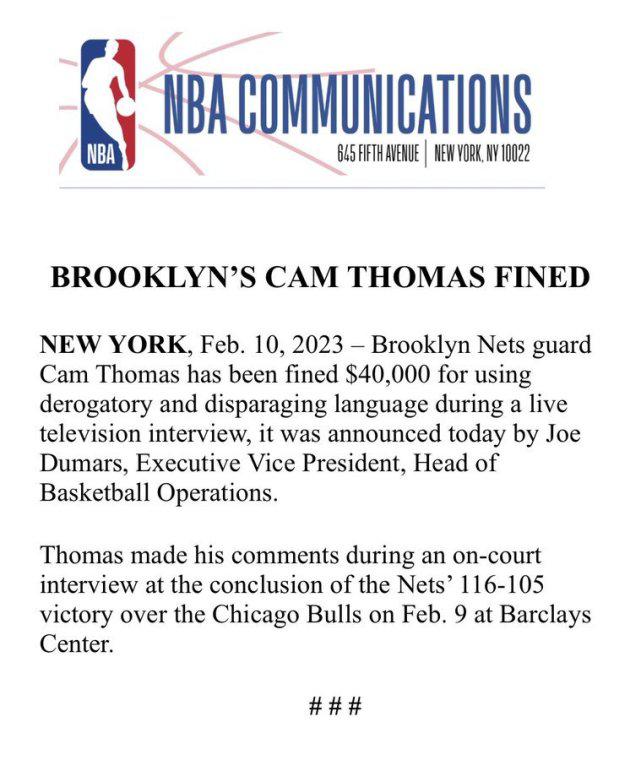 NBA官宣重磅罚单！篮网托马斯因不当言论被罚4万美元 此前已正式道歉(2)