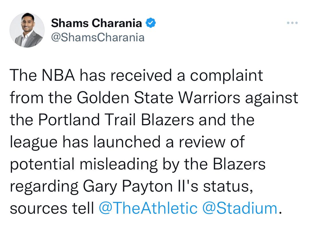 NBA已经收到了金州勇士队对波特兰开拓者队的投诉，联盟已经开始审查开拓者队关于加(1)
