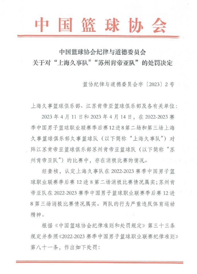 中国篮球协会：关于对“上海久事队”“苏州肯帝亚队”的处罚决定