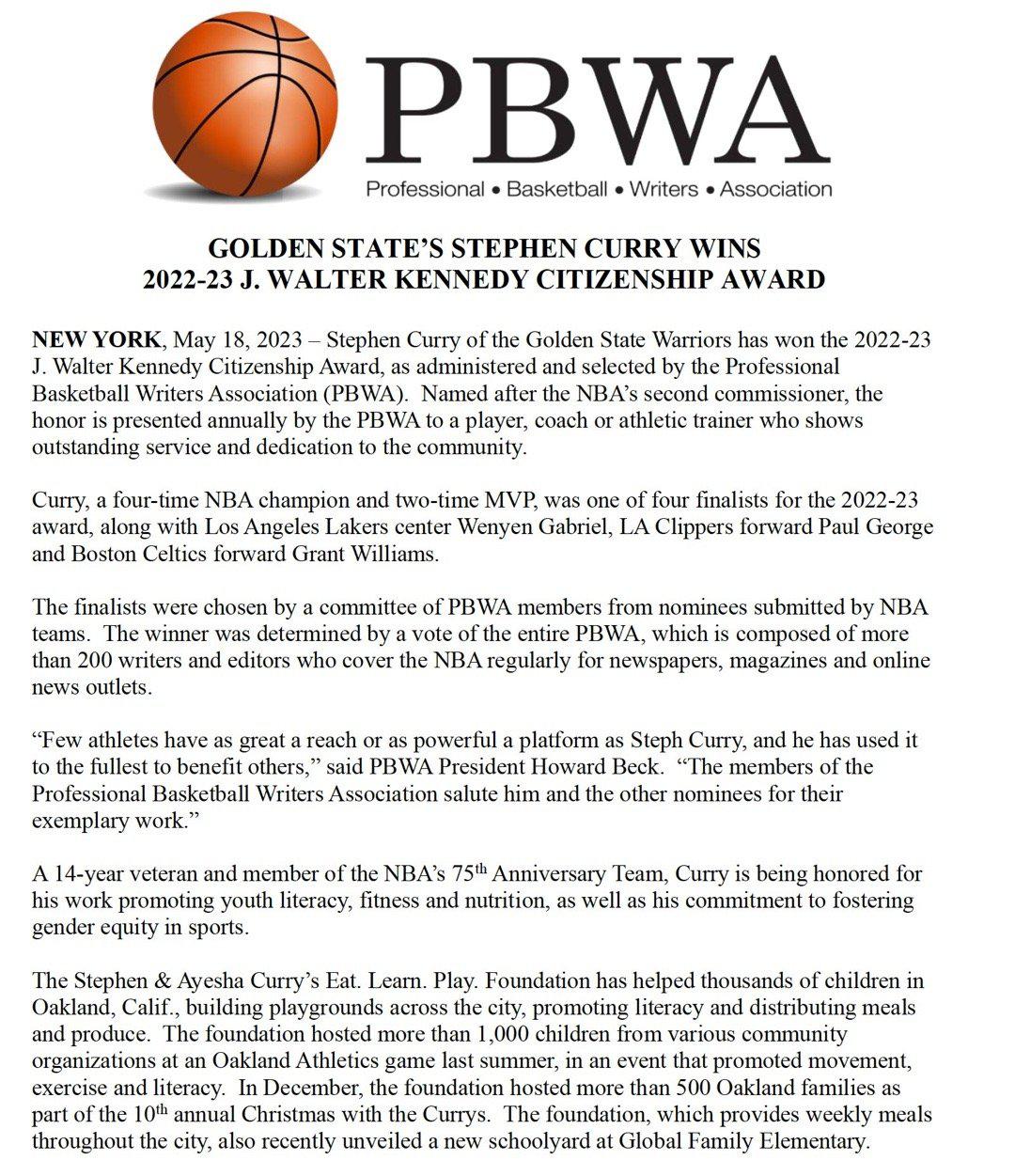 斯蒂芬库里被职业篮球作家协会授予2023年J.Walter Kennedy公民奖(2)