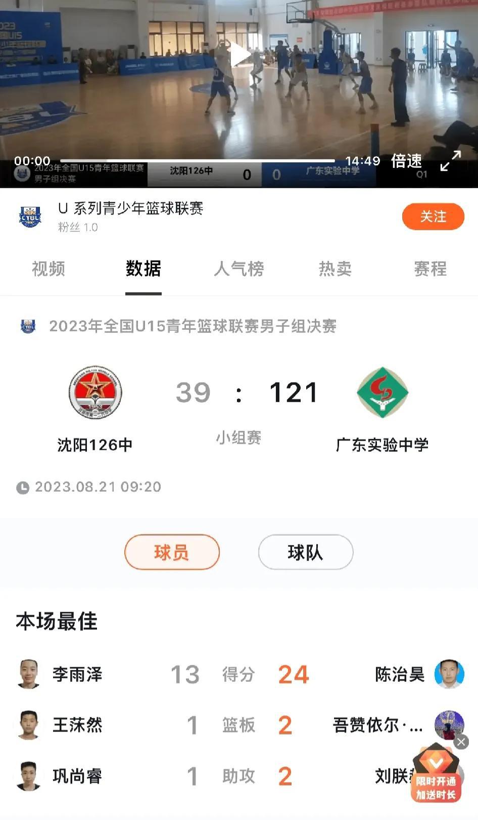 沈阳123中全程比分39:121输给广东实验中学，大败82分。

辽宁队的青训真