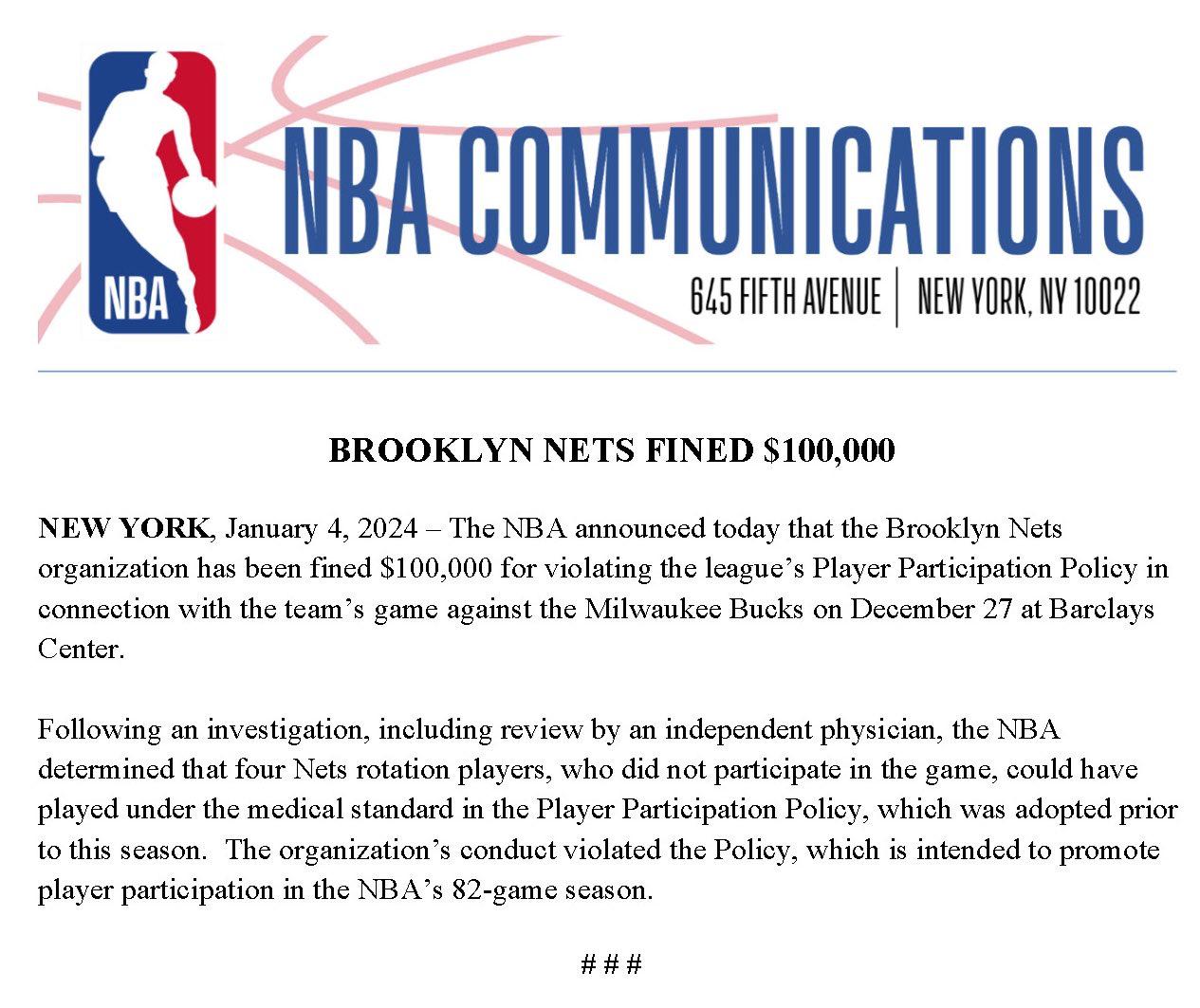 NBA官宣重磅罚单：篮网违反球员参赛政策 被重罚10万美元(2)