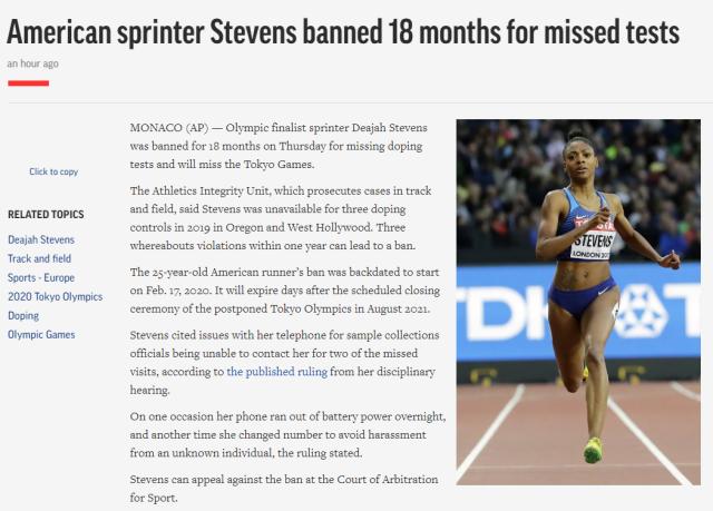 美女子短跑选手被禁赛18个月 因一年三次错过药检