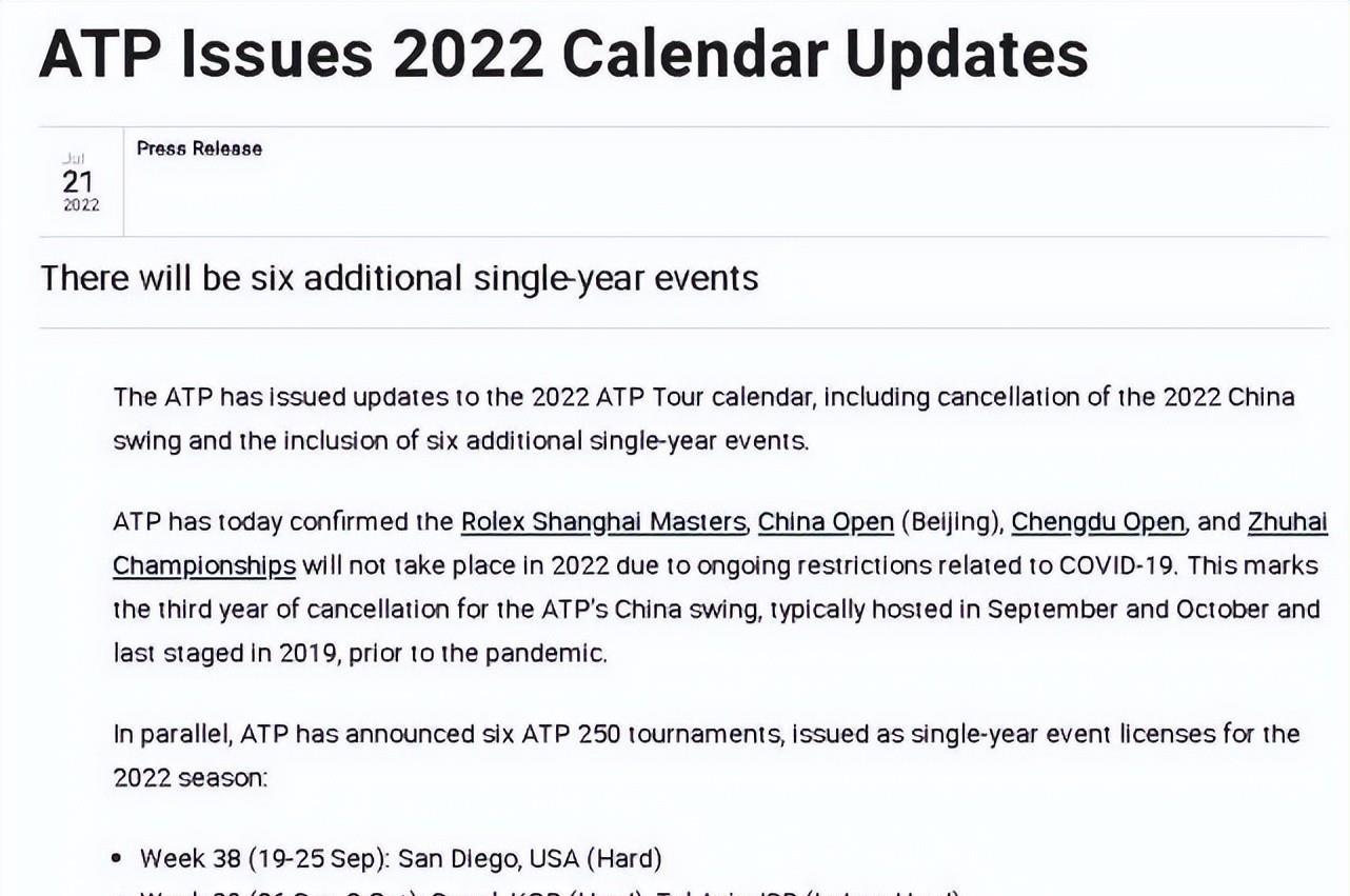 ATP官宣新赛程！2022中国赛季取消，上海大师赛连续3年停办(1)