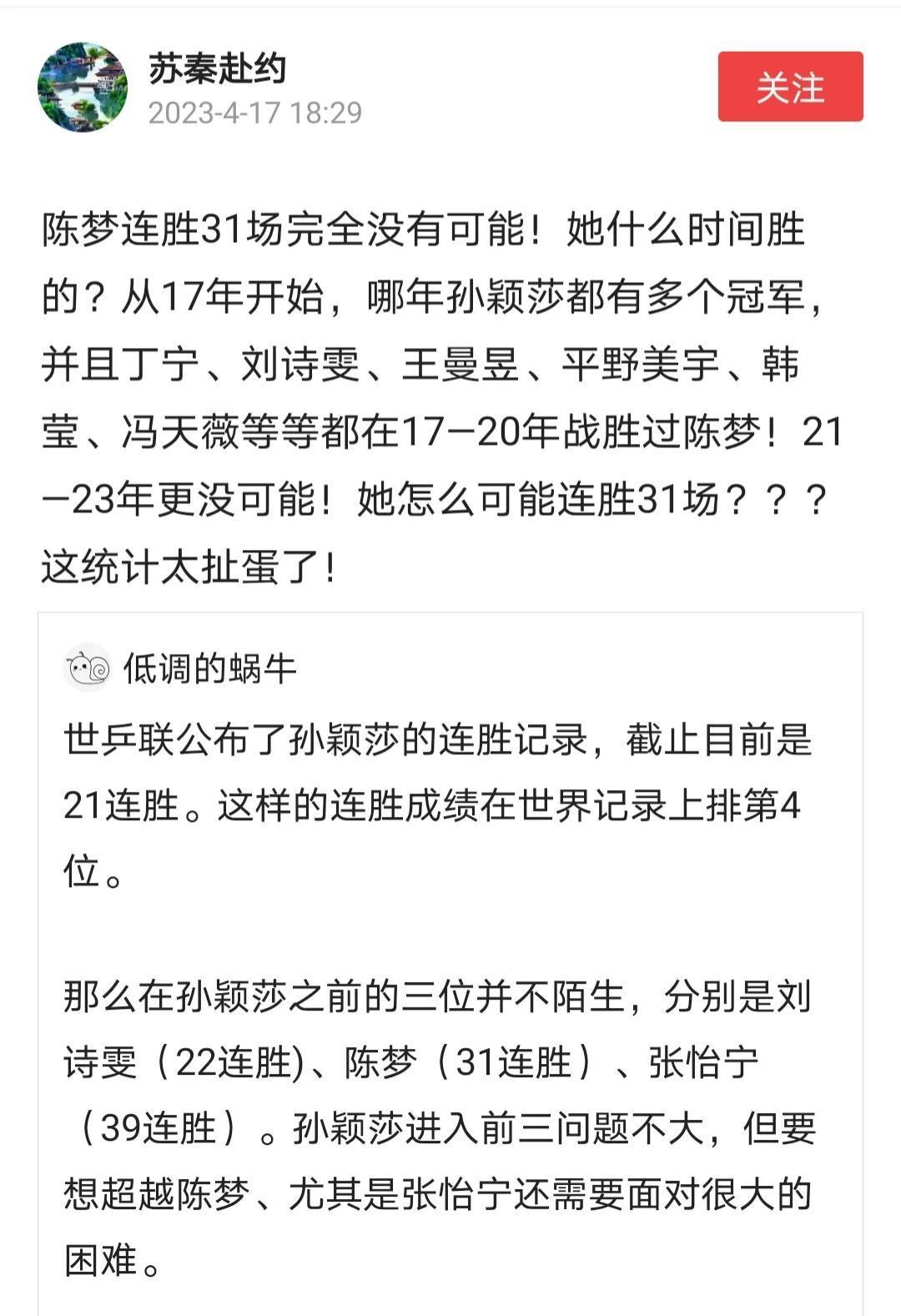 陈梦31连胜仅次于张怡宁，WTT官方数据遭质疑，网暴无知又可怕！(1)