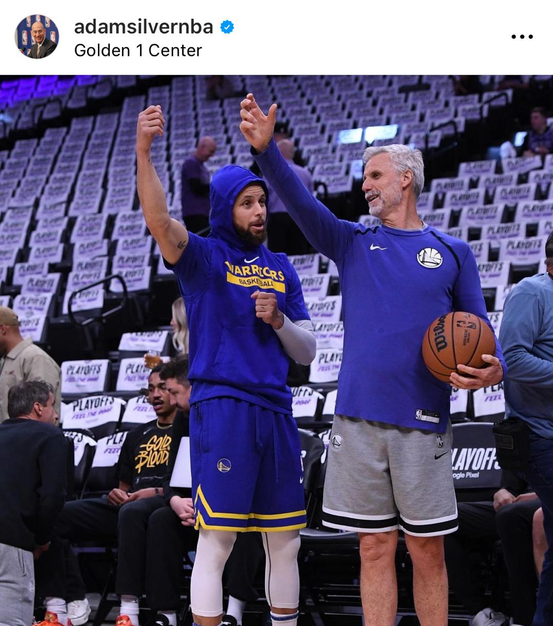 在昨天勇士与国王G2赛后，NBA总裁亚当萧华更新了一组赛场照片。昨天他在萨克拉门