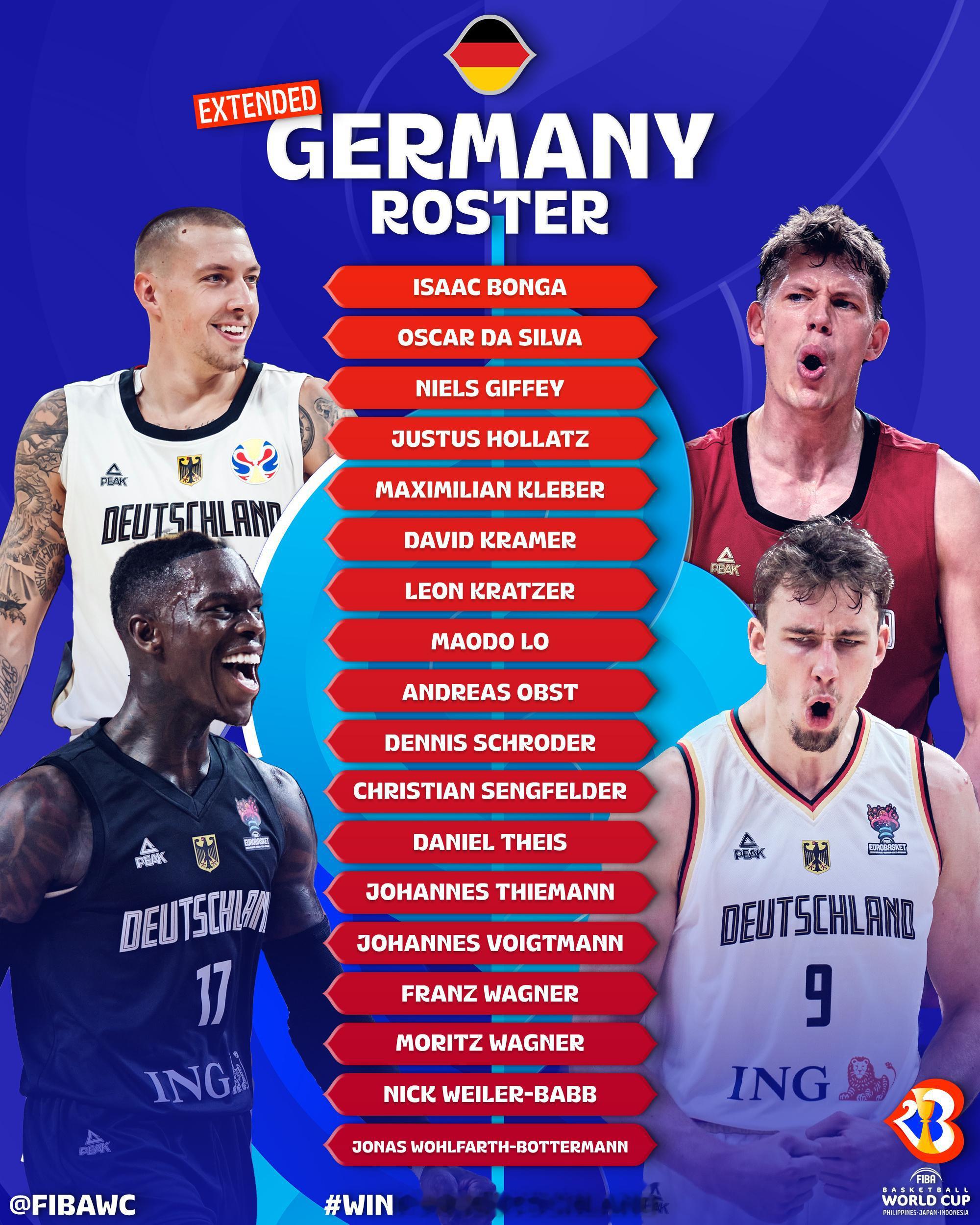 德国男篮公布世界杯18人名单，其中包含5名NBA球员：施罗德、克莱伯、泰斯和瓦格