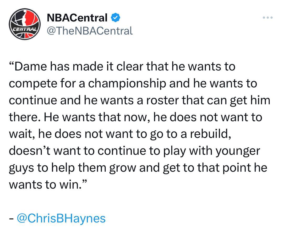Haynes：利拉德已经明确表示，他想要争夺总冠军，他想要一个能让他实现目标的阵
