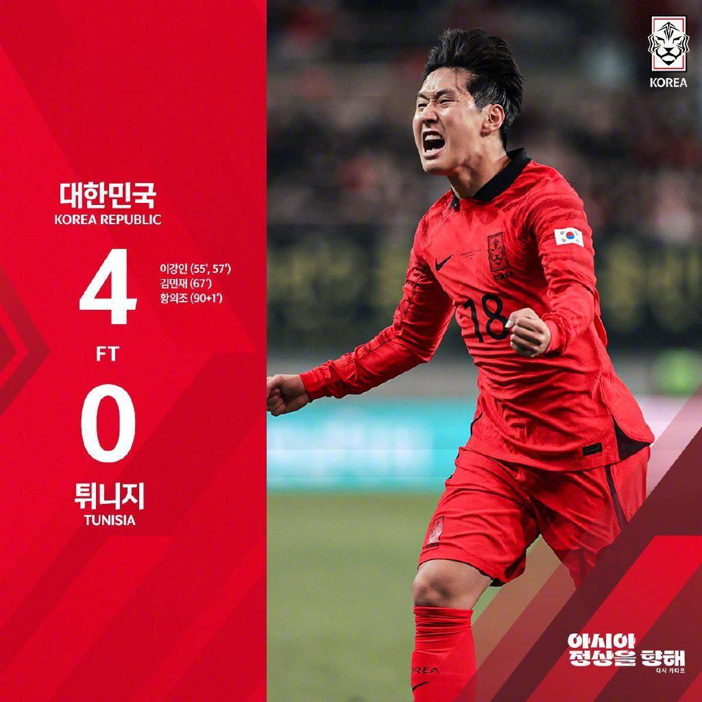 韩国4-0突尼斯：李刚仁两分钟双响，黄义助锦上添花(1)