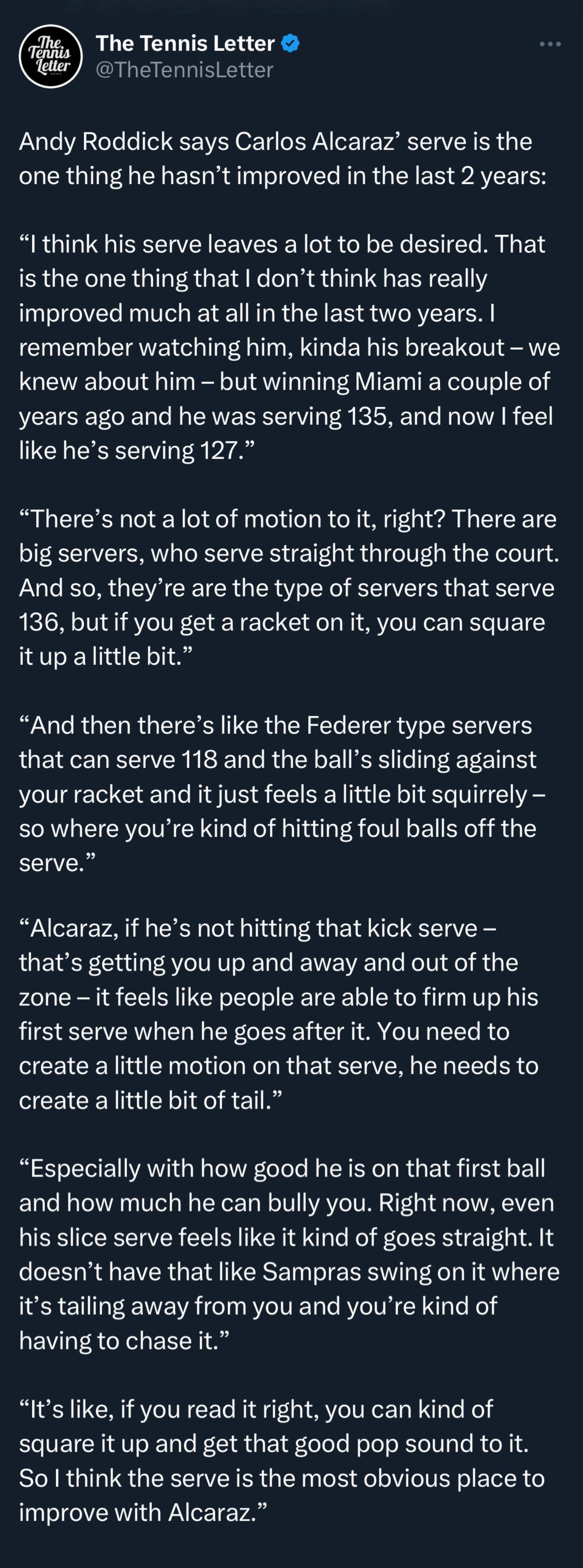 罗迪克批评阿尔卡拉斯发球技术没有长进，遭网友谩骂后从容回应(6)