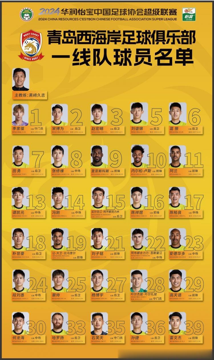 青岛西海岸2024赛季一线队名单公布，阿兰、段刘愚等名将在列(2)
