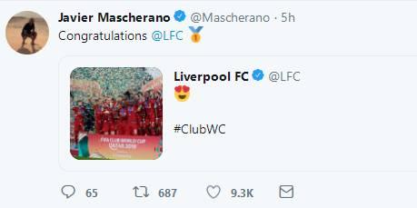 老东家利物浦世俱杯夺冠，马斯切拉诺推特祝贺(2)
