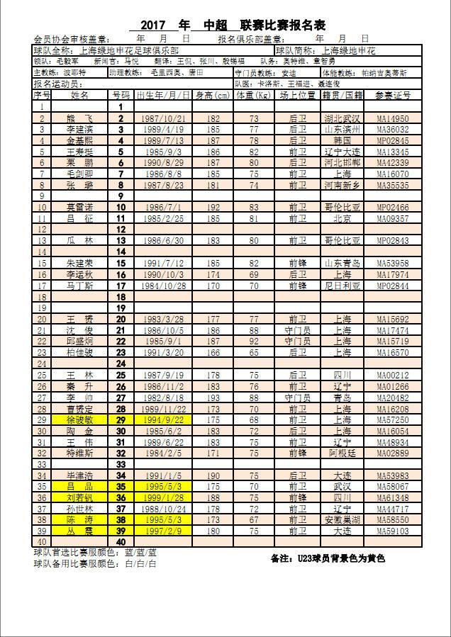2013中超 报名表 2017年中超联赛球队比赛报名表(13)