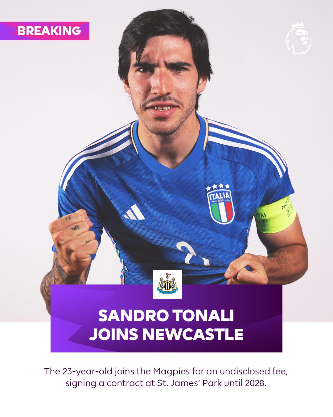 大幅打破纪录！托纳利成意大利球员历史标王[威武]纽卡官方宣布签下米兰中场托纳利，