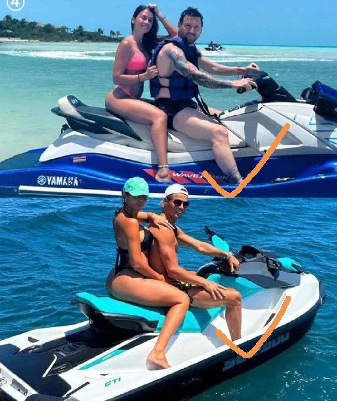 梅西和C罗这个夏天都带老婆去度假了，而且都开了摩托艇，看看他们各自的照片，能发现