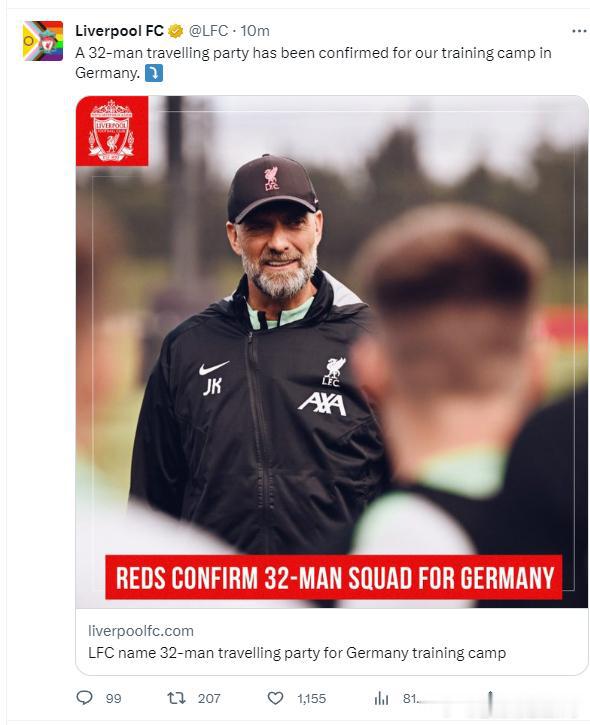 利物浦前往德国训练营的32人名单：阿里森 戈麦斯 范迪克 科纳特 蒂亚戈 迪亚斯