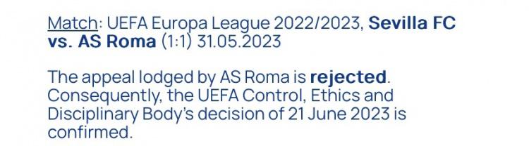 官方：欧足联驳回罗马申诉，穆里尼奥将在欧战中停赛四场(2)