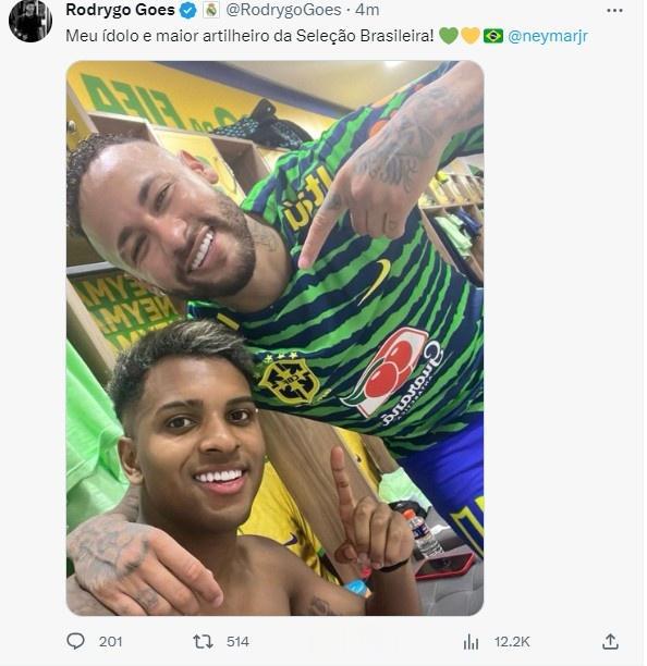 罗德里戈晒与内马尔合照：我的偶像，巴西国家队的最佳射手！(1)