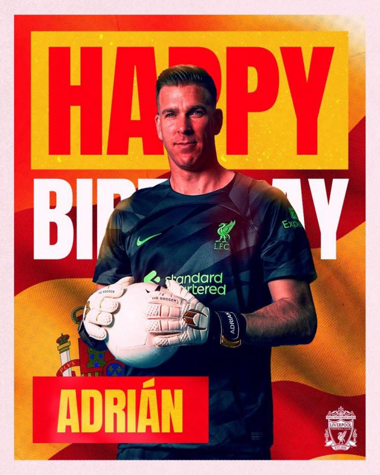 37岁生日快乐！利物浦为阿德里安送上生日祝福