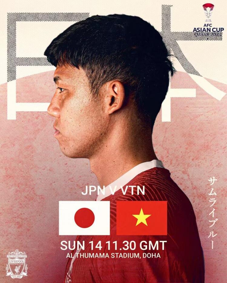 日本今晚亚洲杯对阵越南，利物浦晒海报为远藤航加油(1)