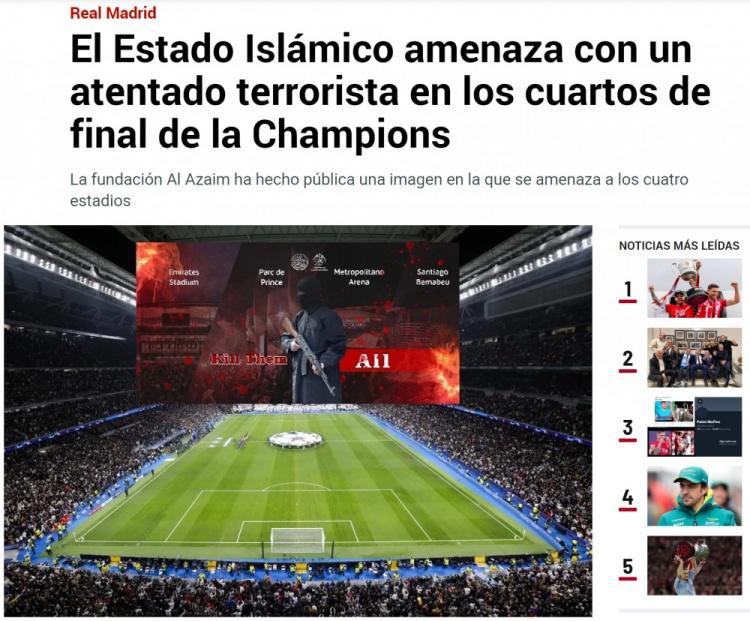 马卡：恐怖组织伊斯兰国公开威胁欧冠球场 比赛组织工作暂无变化